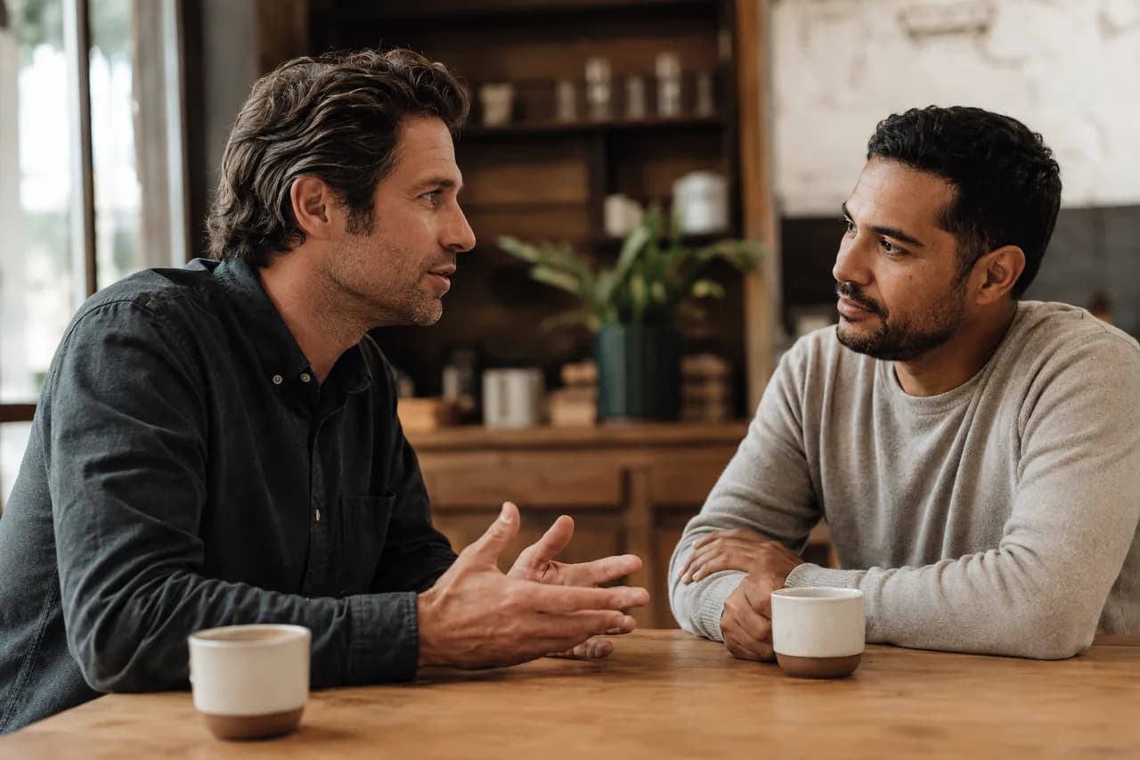 Two men having an attentive conversation over coffee